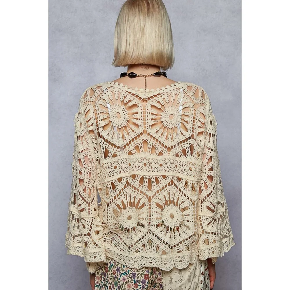 POL Cream Crochet Top | Boho Bell Sleeve Knit | Festival Cottagecore Vibe - Picture 6 of 8